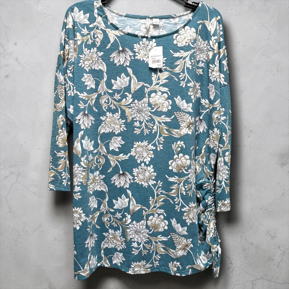 Cato Womens XL Teal Floral Metallic Side Ruched 3/4 Sleeve Tunic Top NEW